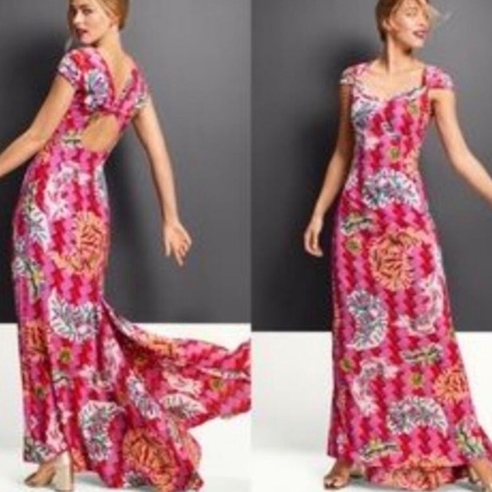 NWTs Zack Posen Maxi Dress Open Back Tie Pink Red Bold Dress 10 Boho Sweetheart